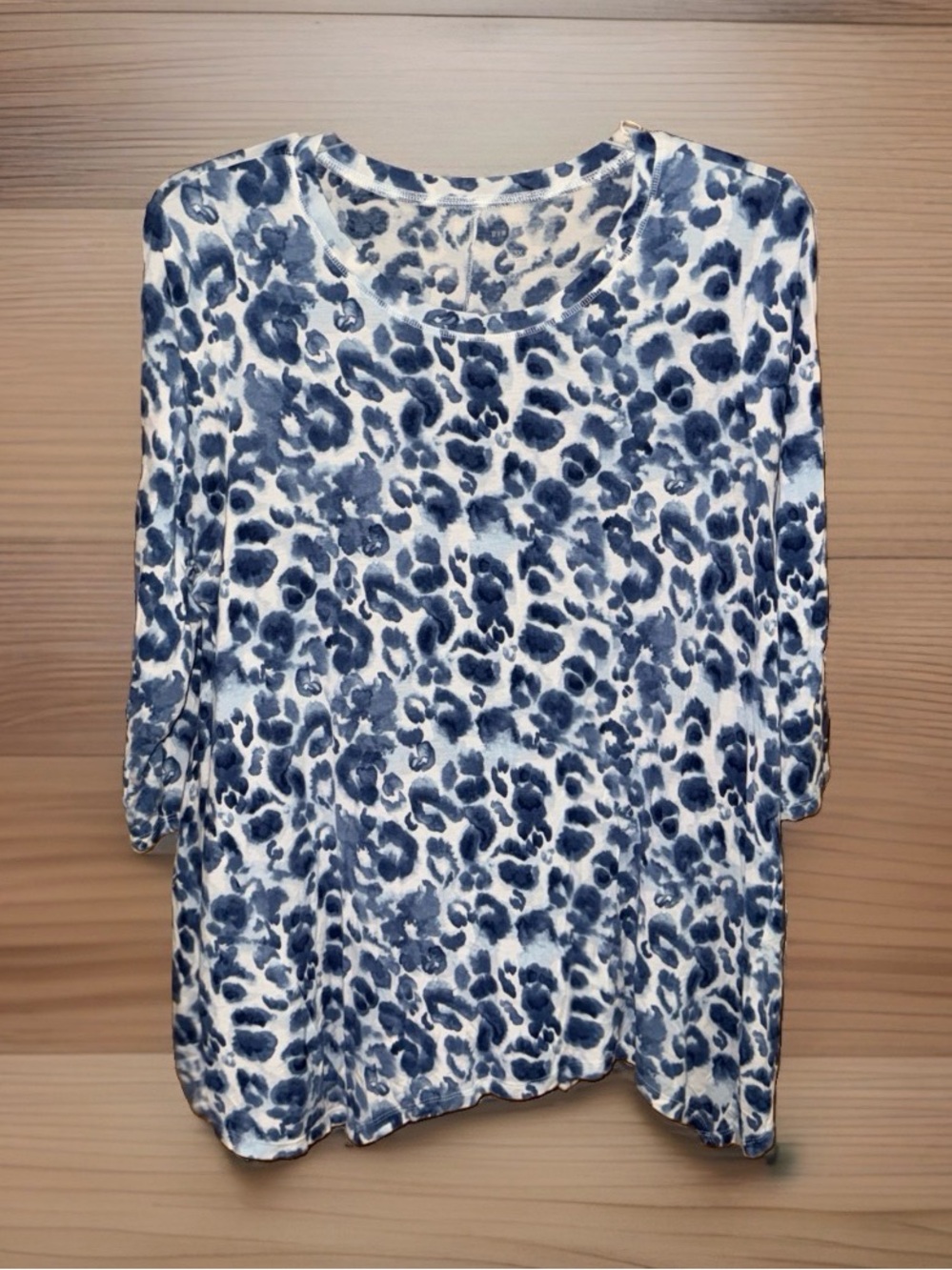 new directions Blue and White Leopard Print Long Sleeve Top-3X-EC